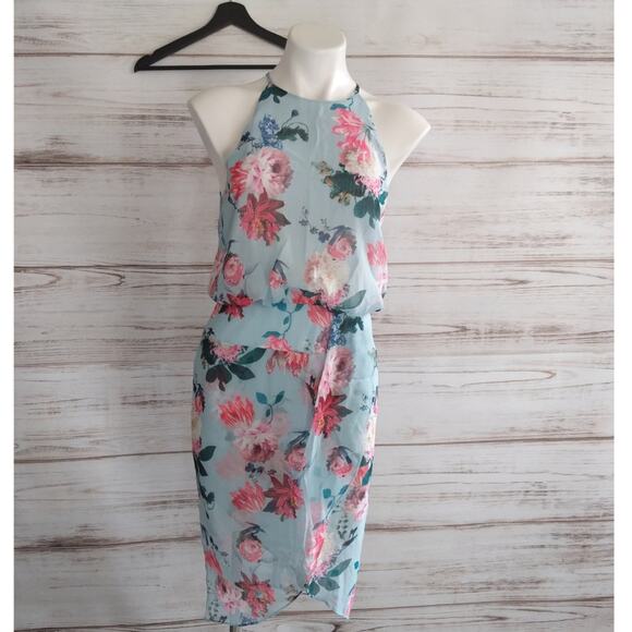 NWOT Chelsea28 Blue Floral Print Drape Dress - Picture 2 of 5